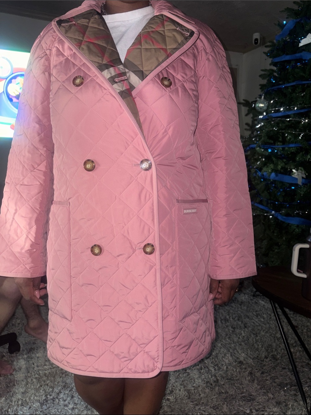 Burberry Diamond Pink Quilted Women's Coat with Contrast Plaid Lining